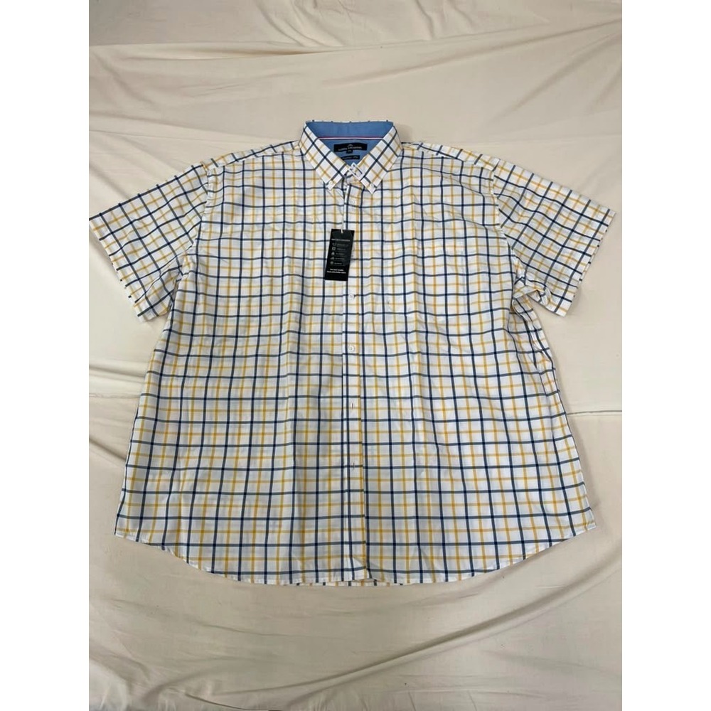 Classic Collection Mens 4XL Short Sleeve Button Down Shirt Yellow Navy Check NWT